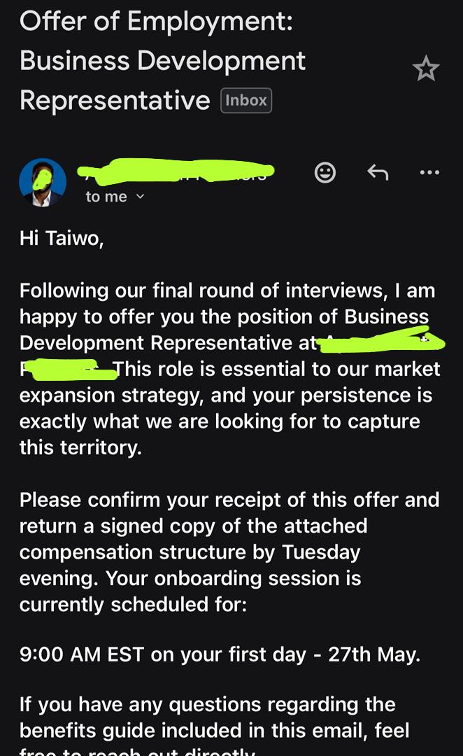 Offer of Employment — Business Development Representative