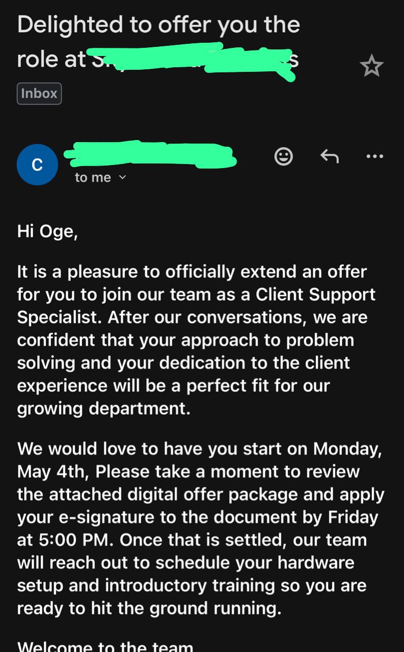 Offer letter — Client Support Specialist