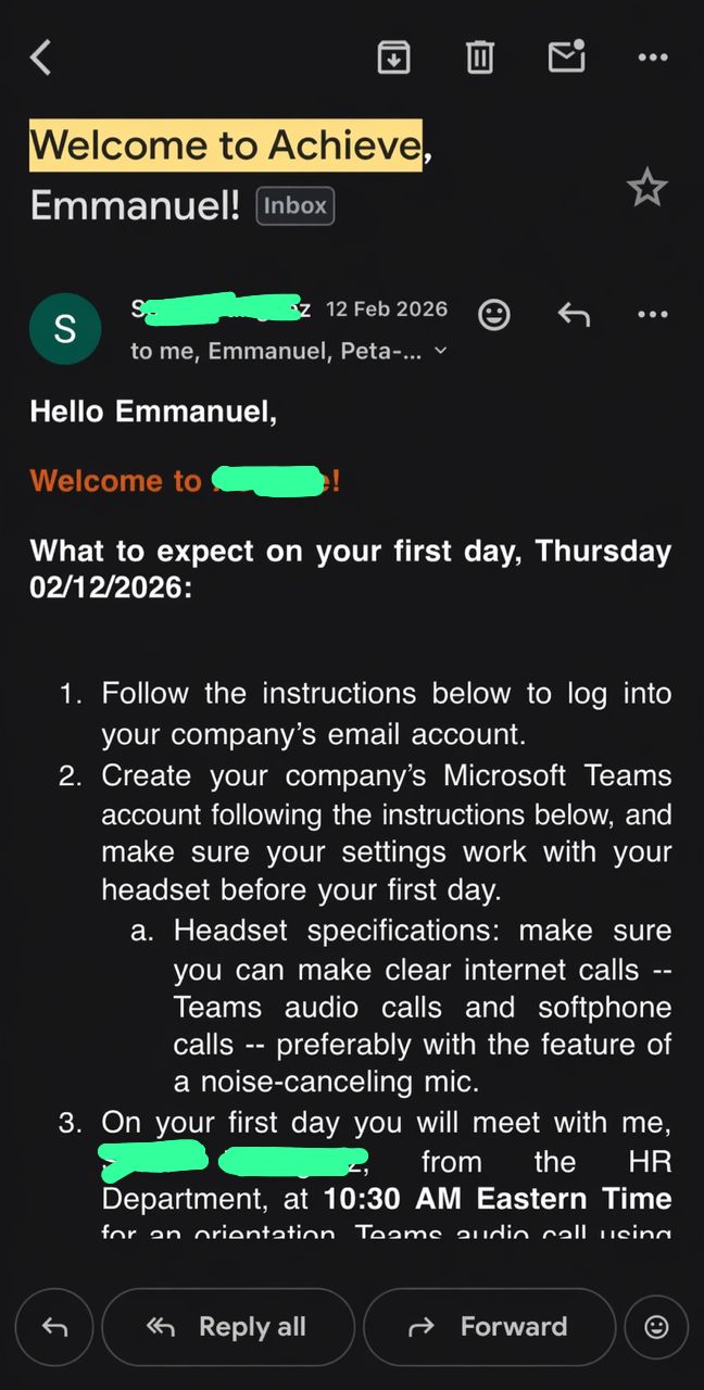 Welcome onboarding email — new hire